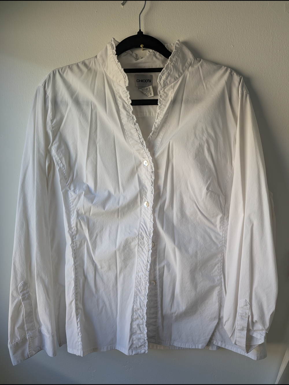Chico's White Ruffle-Trim V-Neck Button Blouse Size 3 (16/XL)